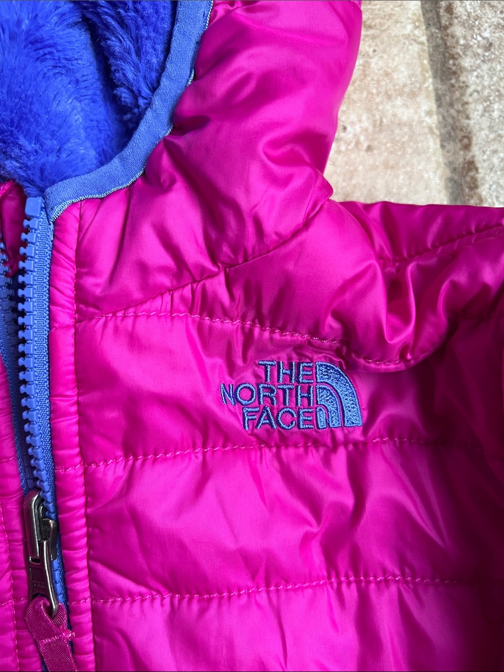 The North Face Hot Pink Puffer Jacket with Purple Hood Lining - Picture 2 of 5